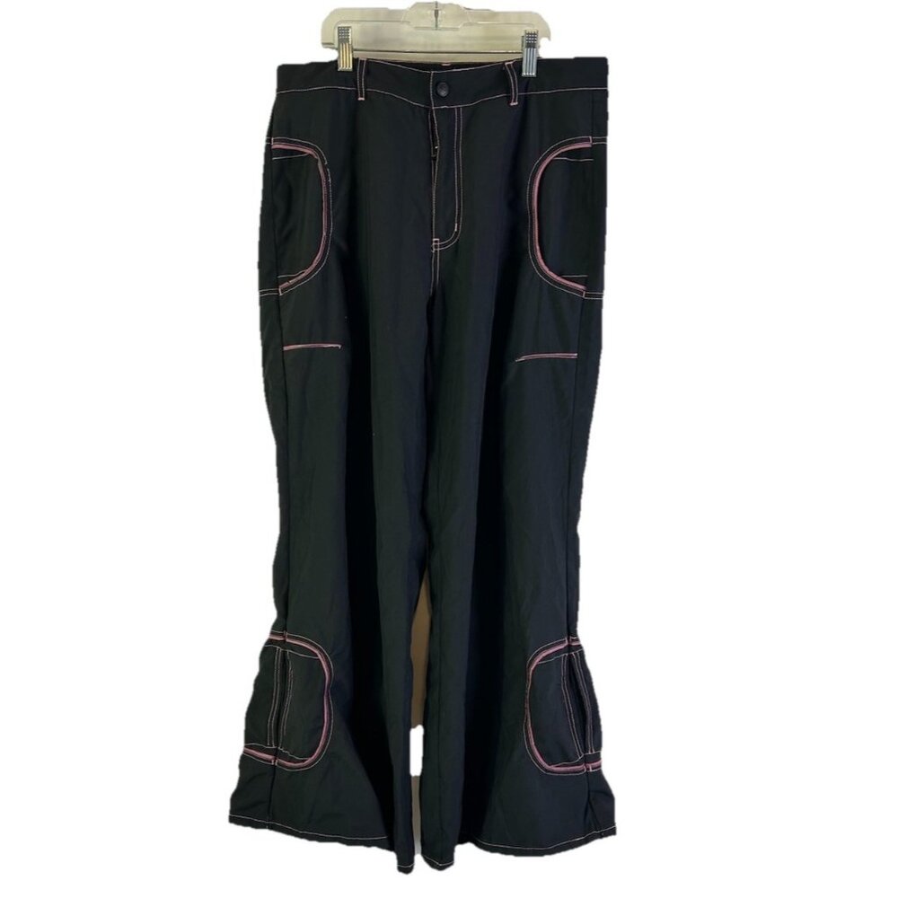 Vintage Y2K Macgirl Wide Leg Baggy Contrast Stitched Pants Black Rave Cyber 7